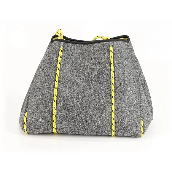 AH-DORNED ~ Large Gray Bag w/Yellow Racing Stripe Bungee Cord Style Handle - Picture 6 of 13